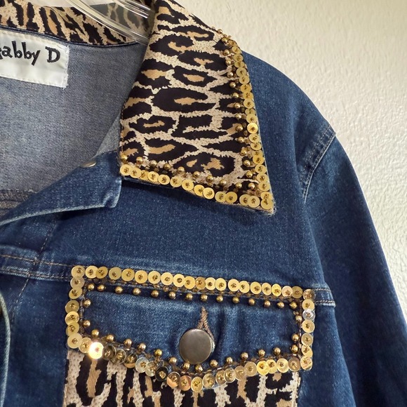 Vintage Gabby D Studded Leopard Western Jacket Women's Medium Blue Denim‎ Sequin - Picture 4 of 11